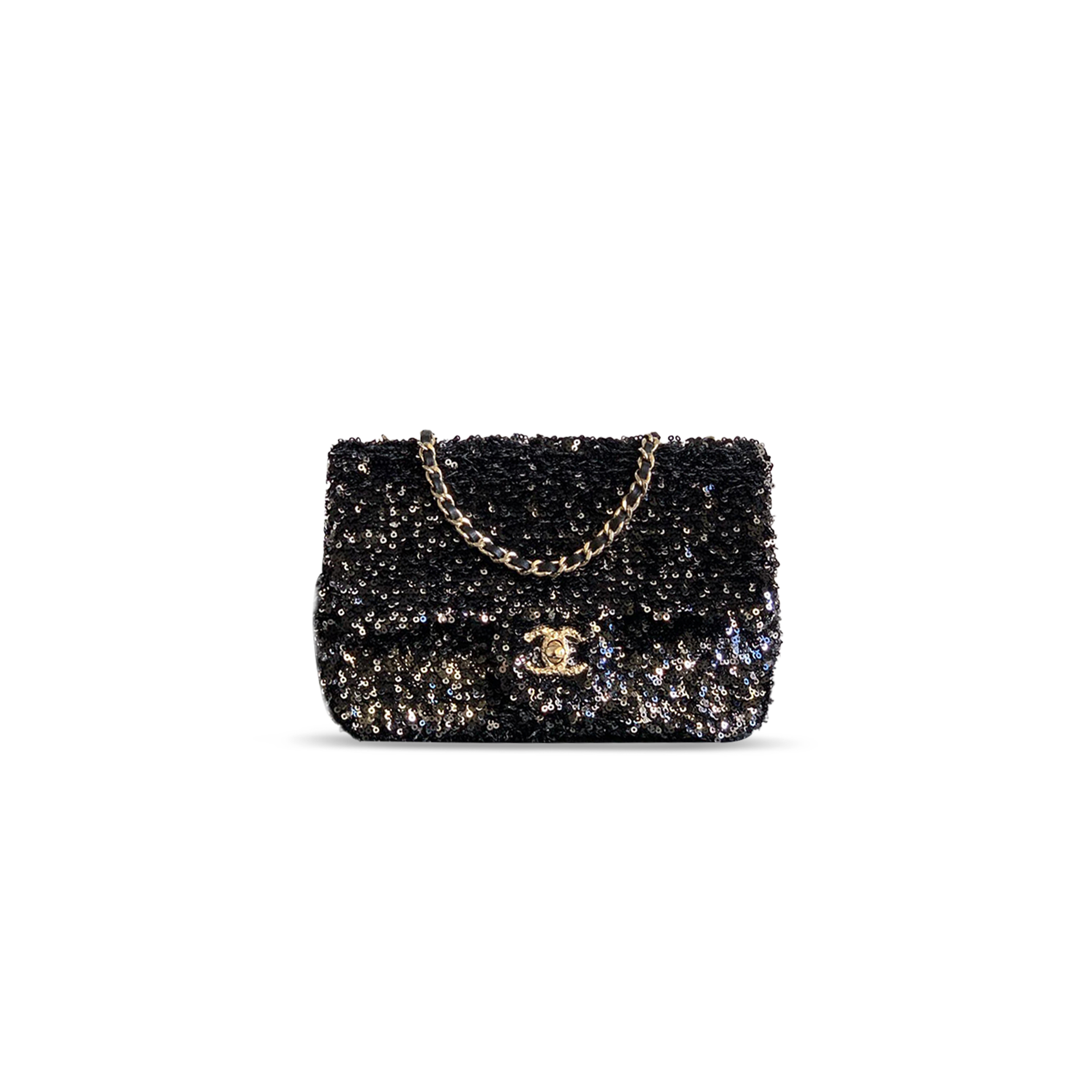 CHANEL FLAP BAG SEQUINS & GOLD-TONE METAL GOLDEN & BLACK AS4561 (21*14*8cm)
